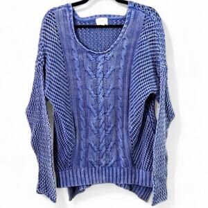 ECI New York Cotton Cable Knit Sweater Blue Textured Pullover XL Boho
